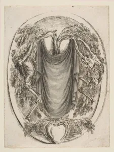 Skeletons Prints: Cartouche with Skeletons, 1647. Creator: Stefano della Bella