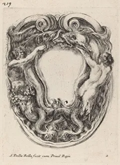 Siren Prints: Cartouche Supported by Triton and Siren, 1647. Creator: Stefano della Bella