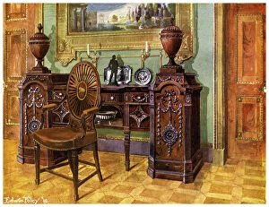 Edwin Foley Gallery: Carved mahogany pedestal sideboard and oval wheelback masters chair, 1911-1912.Artist: Edwin Foley