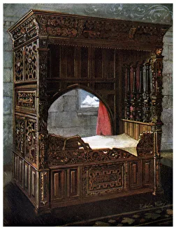 Images Dated 27th February 2009: Carved oak bedstead of Jeanne d Albret, 1910.Artist: Edwin Foley