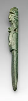 Mesoamerican Prints: Carved Pendant Depicting a Costumed Figure with a Abstract Bird Headdress