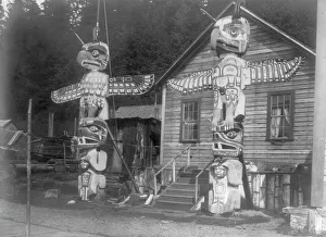Totem Poles Prints: Carved posts at Alert Bay, c1914. Creator: Edward Sheriff Curtis