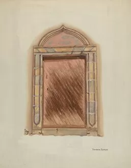 Door Frame Gallery: Carved Stone Doorway, Mission San Carlos Borromeo, 1938. Creator: Gordena Jackson