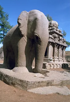 Hindu Prints: Carved stone elephant, Five Rathas, Mahabalipuram, Tamil Nadu, India