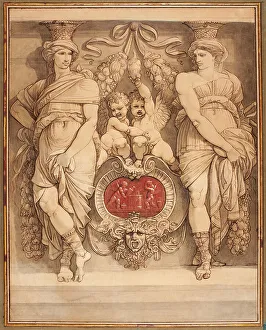 Cartouche Prints: Two Caryatid Figures Framing A Cartouche With Two Cupids (Deux Figures De Cariatides)