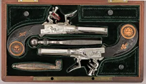 Dionysos Prints: Cased Pair of Double-Barreled Turn-Off Flintlock Pistols, French, Paris, ca. 1800