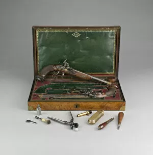 Case Gallery: Cased Pair of Percussion Pistols with Accessories, France, 1814. Creator: Jean Le Page