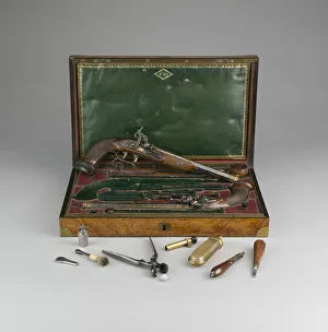 Case Gallery: Cased Pair of Percussion Pistols with Accessories, France, 1814. Creator: Jean Le Page