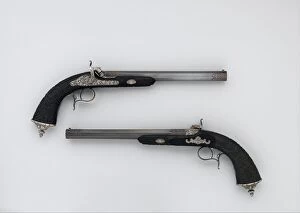 Wool Gallery: Cased Pair of Percussion Pistols with Accessories, French, Paris, dated 1856