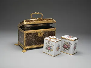 Tea Caddy Prints: Casket Containing a Sugar Box and two Tea Caddies, Birmingham, c. 1760. Creator: Unknown