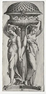 Marco Dente Prints: The Cassollette: Women Supporting an Urn, c. 1520-27. Creator: Marco Dente (Italian, c