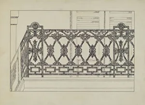 Balcony Rail Prints: Cast Iron Balcony Railing, c. 1936. Creator: Arelia Arbo