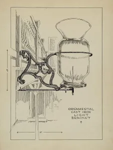 Artists Notes Prints: Cast Iron Lamp Bracket, c. 1936. Creator: Thomas Byrne
