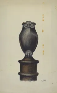 Hitching Post Prints: Cast Iron Owl Hitching Post, c. 1937. Creator: V. L. Vance