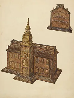 Toy Bank Prints: Cast Iron Toy Bank: Independence Hall, c. 1937. Creator: Dorothy Brennan