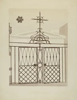 Iron Gate Prints: Cast and Wrought Iron Fence, c. 1936. Creator: Arelia Arbo