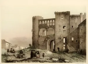 Villagers Prints: Castle of Alba de Tormes (Salamanca) with scenes of life and traditional costumes of the time