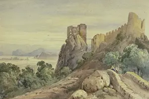 Path Prints: Castle ruins, in the foreground two men on a bridge