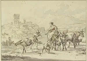 Beating Prints: Castle ruins by a river, in the foreground a shepherdess on a donkey with cows and goats