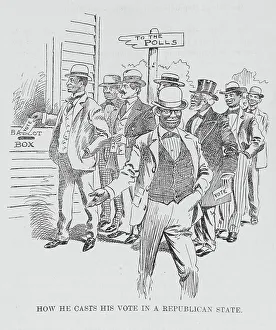 Voting Prints: How he casts his vote in a Republican state, (1899?). Creator: Unknown