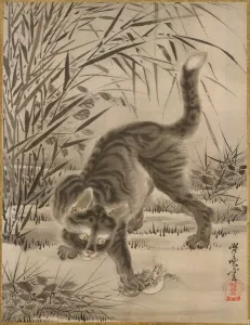 Kawanabe Kyosai Prints: Cat Catching a Frog, ca. 1887. Creator: Kawanabe Kyosai