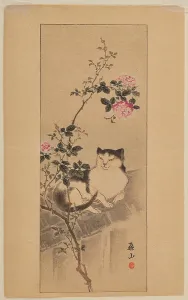 Cat on a roof underneath a rose bush. Creator: Yokoyama, Kazan (1784-1837)
