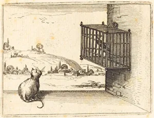 Cat Watching Caged Bird, 1628. Creator: Jacques Callot