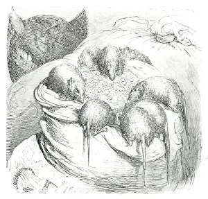 Dore Gustave Prints: Cat watching rodents eating grain, 1860. Creator: Unknown