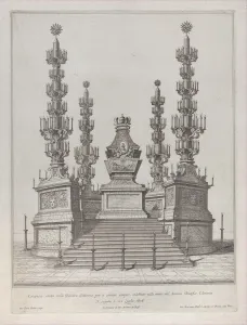 Catafalque Prints: Catafalque for Pope Clement X: a central structure raised on a 15 stepped platform