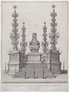 Catafalque Prints: Catafalque for Pope Clement X; central structure at the top of a fifteen step platform
