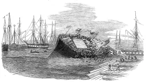 Drowned Prints: Catastrophe at a Ship-Launch, at Hull, 1854. Creator: Unknown
