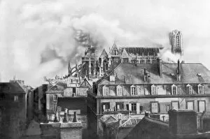 Reims Cathedral Gallery: Cathedral of Reims on fire from German shelling, France, 1914