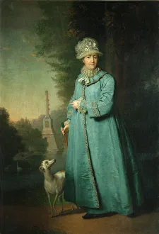 Tsarskoye Selo Prints: Catherine II strolling in the park at Tsarskoye Selo with the Chesme Column in the background