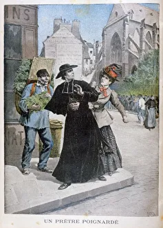 Shocking Prints: A Catholic priest is stabbed by a woman on the street, France, 1897. Artist: Henri Meyer