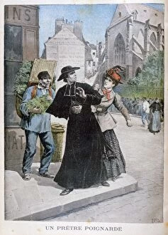 Cassock Collection: A Catholic priest is stabbed by a woman on the street, France, 1897. Artist: Henri Meyer