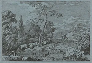 Marco Ricci Prints: Cattle and Figures at a Farmyard Stream. Creator: Marco Ricci