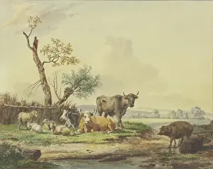 Cows Prints: Cattle grazing by a fence, two pigs on the right