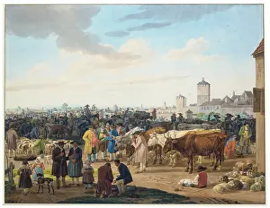 Market Prints: Cattle market on the outskirts of a town, c1802. Creator: Wilhelm von Kobell