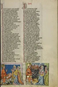 Demonstrating Prints: The Cattle Plague: The Hail Storm; Weltchronik, about 1400-1410. Creator: Unknown