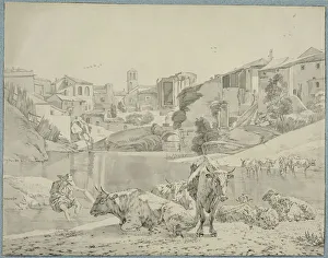 Tibur Prints: Cattle on the river Aniene in Tivoli. Creator: Willem Romeyn