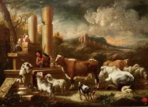 Herd Prints: Cattle at the Ruins of the Temple, early 18th century. Creator: Johann Matthias Wuzer