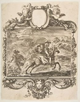 Cavalryman Gallery: A cavalier and a lady on horseback, within an ornate border decorated with fruit and c