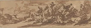 Brown Wash Prints: Cavalry Battle near a River. Creator: Walter Paris