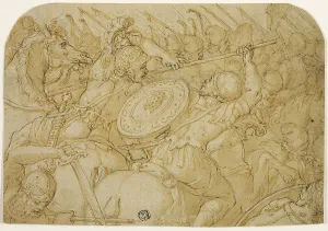 Skirmish Prints: Cavalry Skirmish (recto); Architectural Sketch (verso), 1558/59. Creator: Giorgio Vasari