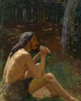 Prehistory Collection: Caveman Playing the Flute. Artist: Kuznetsov, Konstantin Pavlovich (1863-1936)