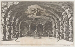 Cavern of Aeolus; a cave with wind gods blowing on either side of Aeolus who sits enthrone... 1668