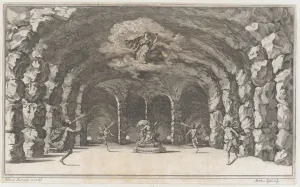 Kusel Mathaus Prints: Cavern of Aeolus; a cave with wind gods blowing on either side of Aeolus who sits enthrone
