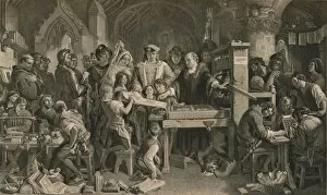 Wydville Gallery: Caxton showing the first specimen of his printing to King Edward IV at Westminster, c1477 (1905)