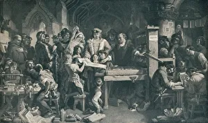 Caxton Showing the First Specimen of his Printing to King Edward IV, c1858, (1911). Artist: Daniel Maclise Caxton Showing the First Specimen of his Printing to King Edward IV, c1858, (1911). Artist: Daniel Maclise