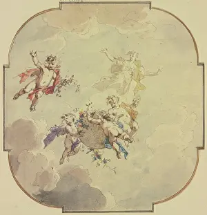 Cupid Prints: Ceiling design: Flora and putti, 1726. Creator: Jacob de Wit